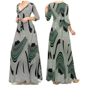 Green Curved Lines Faux Wrap 3/4 Sleeve Long Maxi Dress