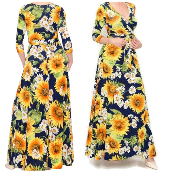 Sunflowers and Daisies Navy Faux Wrap Maxi Dress
