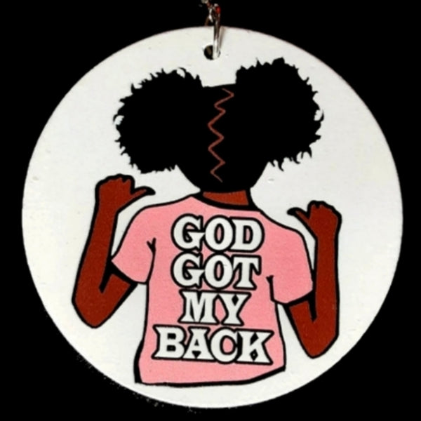 GOD Got MY BACK Pink Tee Afro Puffs Statement Dangle Wood Earrings