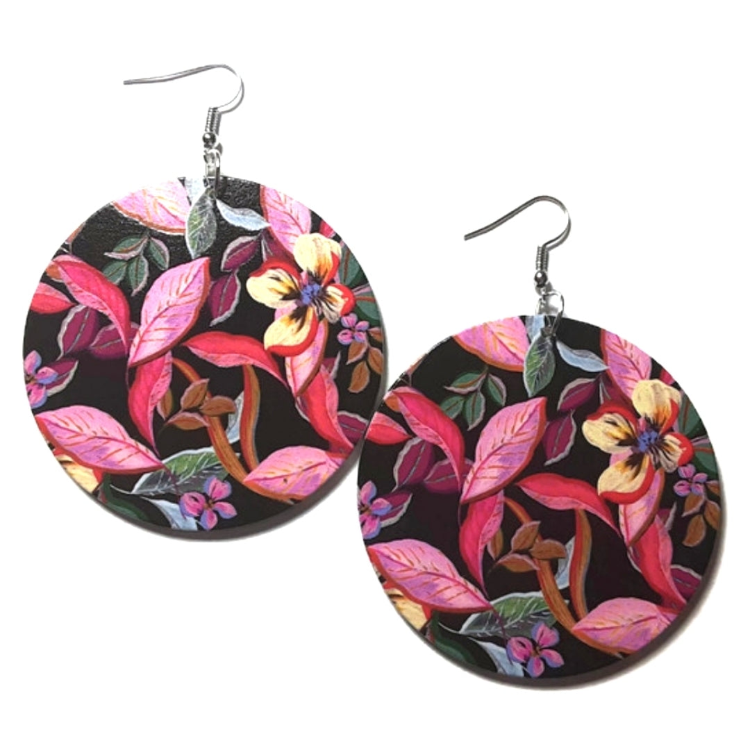 Pink Floral Expressions Statement Dangle Wood Earrings