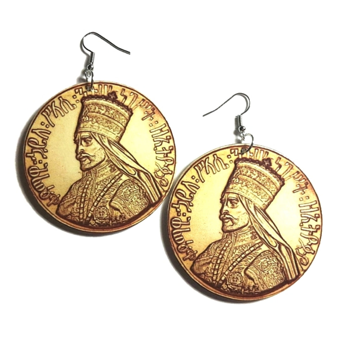 King Selassie I Ethiopian Coin Statement Dangle Wood Earrings