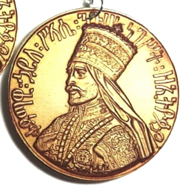 King Selassie I Ethiopian Coin Statement Dangle Wood Earrings