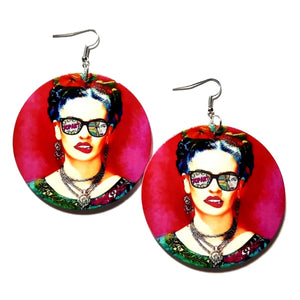 Frida Kahlo The Pop Artist Red Statement Dangle Wood Earrings