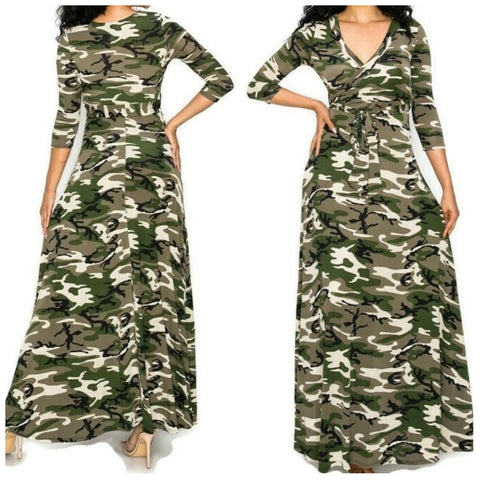 Olive Green Camouflage Faux Wrap Maxi Dress