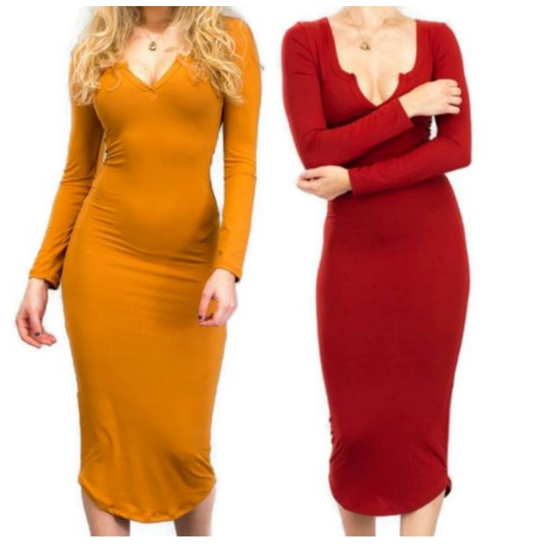 Women Mustard Rust Basic Bodycon Casual Activewear V-neck Long Sleeve Dress | 2 Dresses