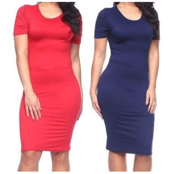 Women Plus Red Navy Blue Basic Bodycon Casual Activewear Short Sleeve Dress | 2 Dresses