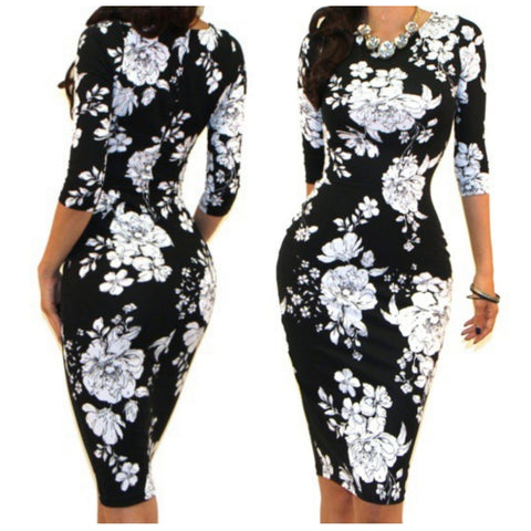 GS Black White Floral Print 3/4 Sleeve Bodycon Party Cocktail Dress