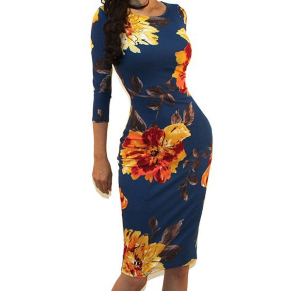 GS Dark Teal Floral Print 3/4 Sleeve Bodycon Party Cocktail Dress