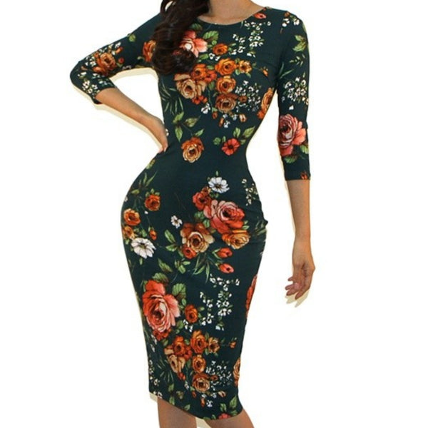 GS Green Floral Print 3/4 Sleeve Bodycon Party Cocktail Dress