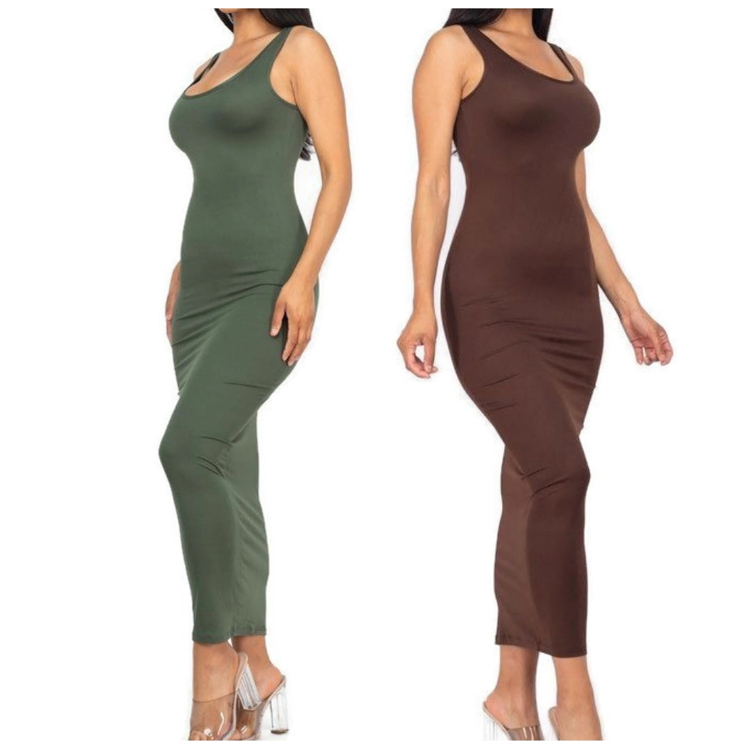 Women Olive Brown Basic Bodycon Activewear Sleeveless Maxi Dress | 2 Dresses
