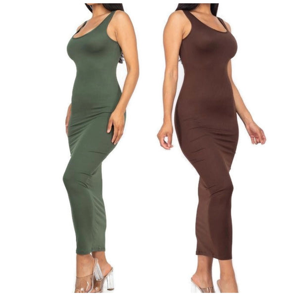 Women Olive Brown Basic Bodycon Activewear Sleeveless Maxi Dress | 2 Dresses