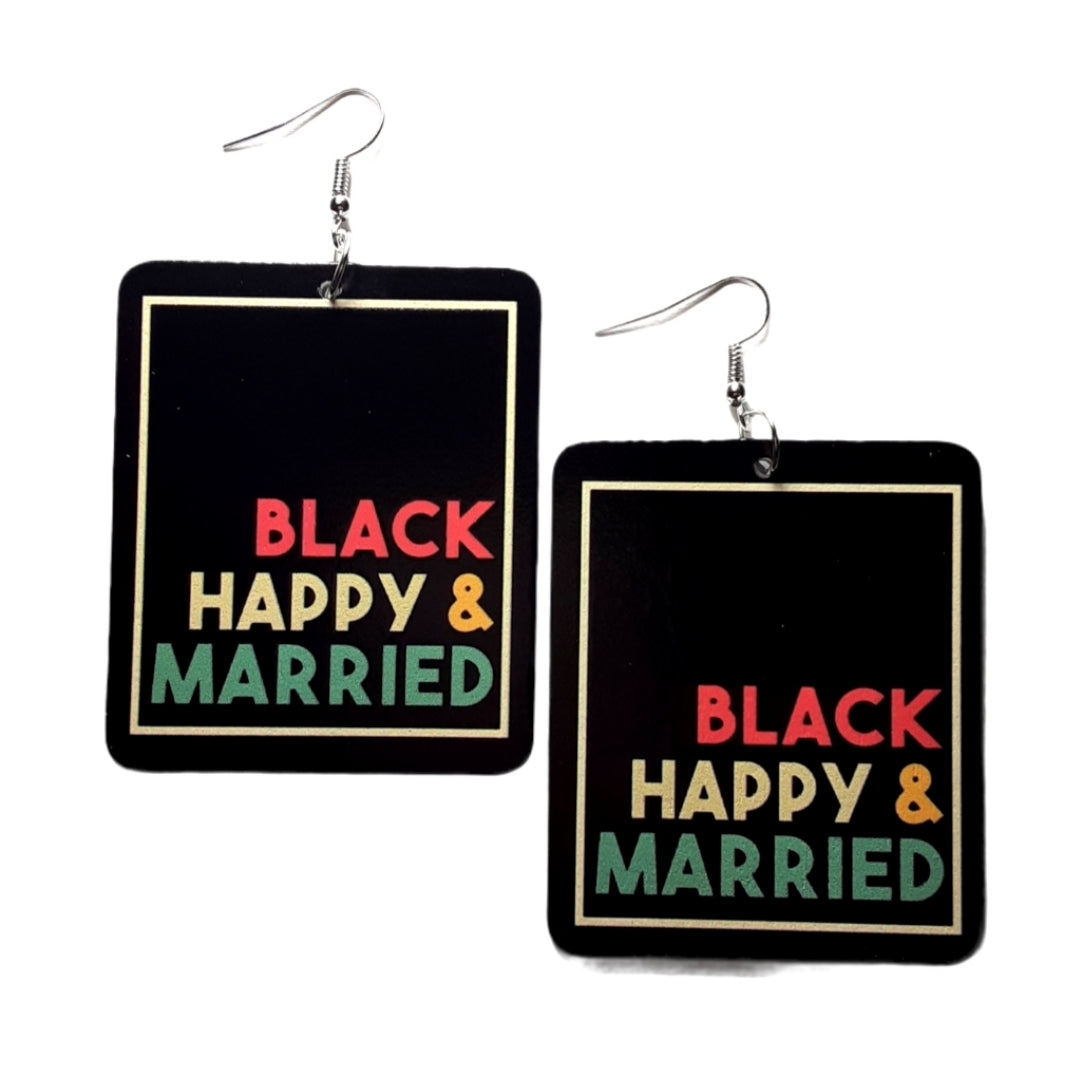 Black Happy Married Rectangle Statement Dangle Wood Earrings