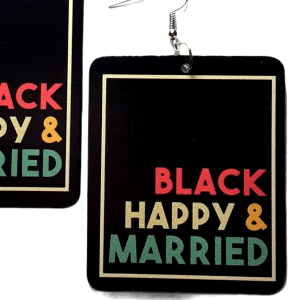 Black Happy Married Rectangle Statement Dangle Wood Earrings