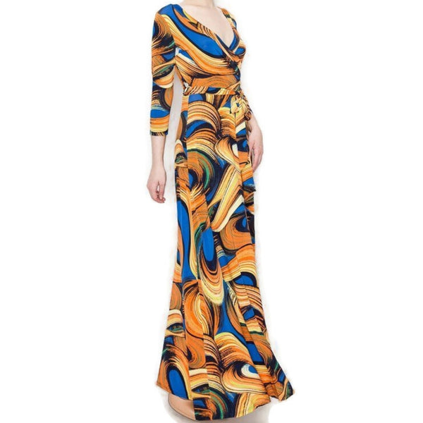 Sunsets and Waves Faux Wrap 3/4 Sleeve Long Maxi Dress