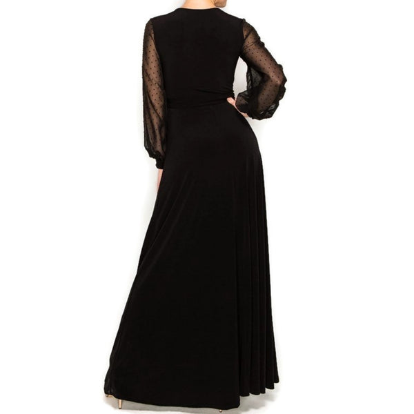 BLACK SHEER Chiffon Dot Long Bell Sleeve Evening Formal Maxi Dress