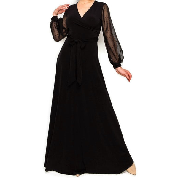 BLACK SHEER Chiffon Dot Long Bell Sleeve Evening Formal Maxi Dress