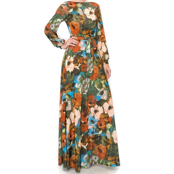 Vintage Olive Peach Floral Bell Long Sleeve Modest Maxi Dress