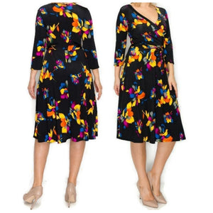 Abstract Bright Floral Faux Wrap Knee Length Plussize Dress