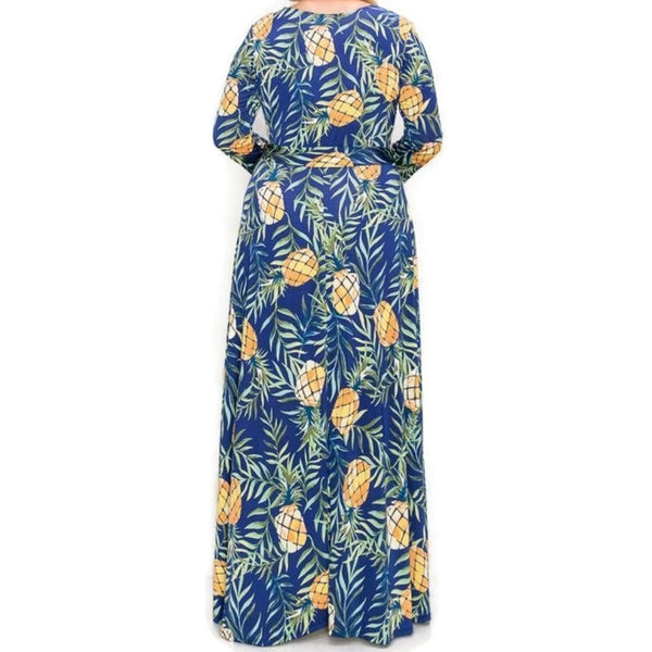 Pineapple Green Floral Faux Wrap Maxi Plussize Dress