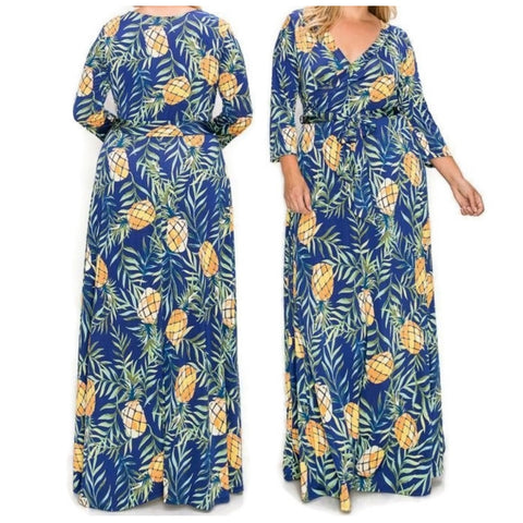 Pineapple Green Floral Faux Wrap Maxi Plussize Dress
