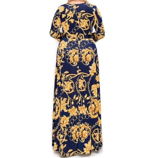 Gold Floral and Chains Navy Faux Wrap Maxi Plus Size Dress