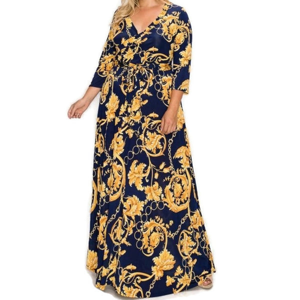 Gold Floral and Chains Navy Faux Wrap Maxi Plus Size Dress