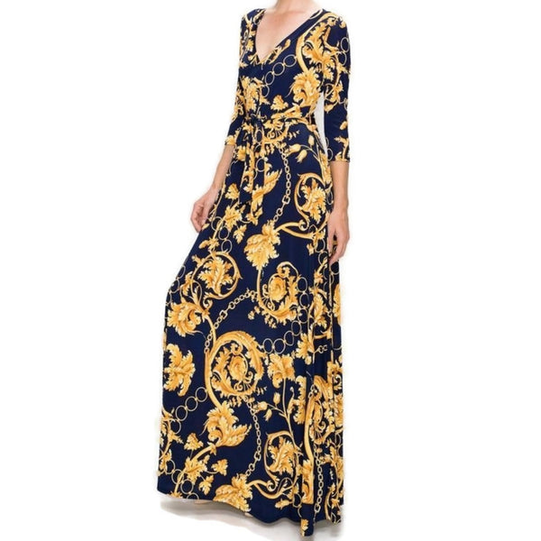 Gold Floral and Chains Navy Faux Wrap Maxi Dress