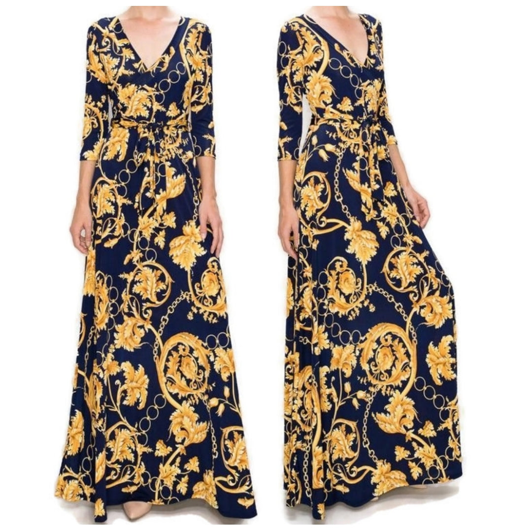 Gold Floral and Chains Navy Faux Wrap Maxi Dress