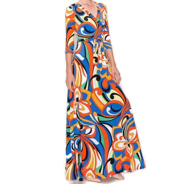 Hippie Floral Faux Wrap Maxi Dress