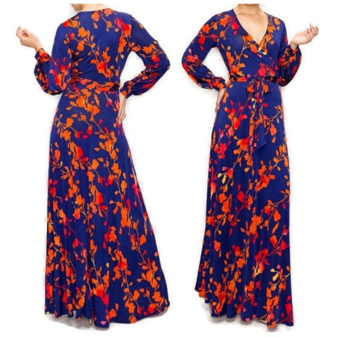 Navy Orange Red Watercolor Floral Bell Long Sleeve Maxi Dress