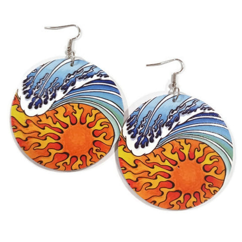 Waves and Sunsets Statement Dangle Wood Earrings