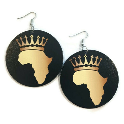 Africa Crown Gold Black Statement Dangle Wood Earrings