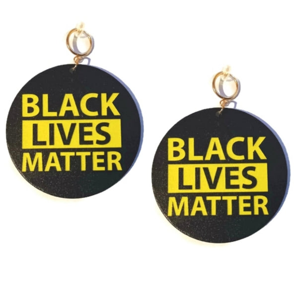 BLACK LIVES MATTER Yellow Statement Dangle Wood Clip On Earrings