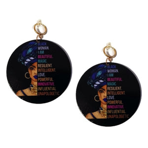 Black Woman Unapologetic  Statement Dangle Wood Clip On Earrings