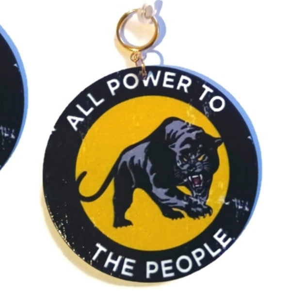 Vintage Black Panther All Power to the People Statement Dangle Wood Clip On Earrings