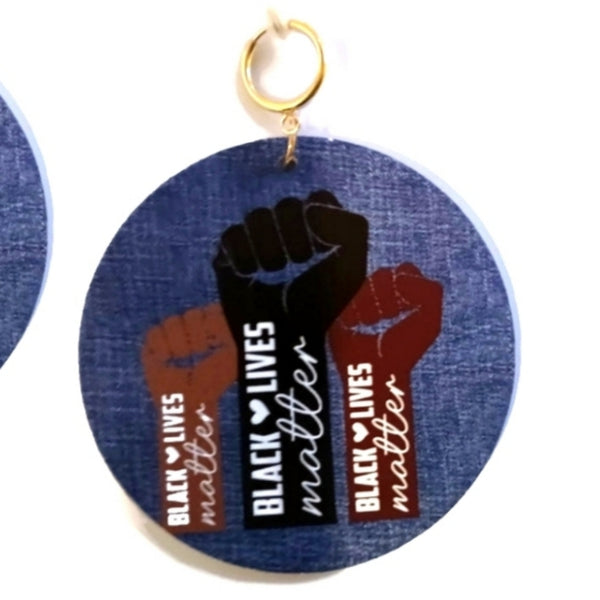 Black Lives Matter Power Fist Denim Statement Dangle Wood Clip On Earrings