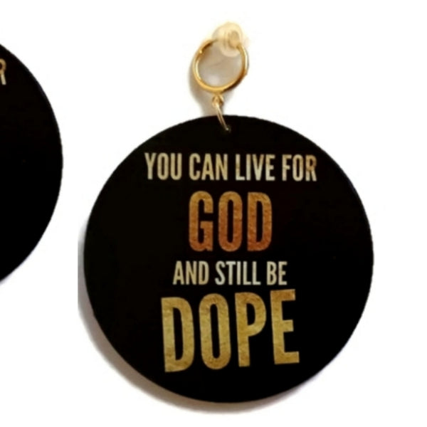 Live For GOD Be DOPE Statement Dangle Wood Clip On Earrings