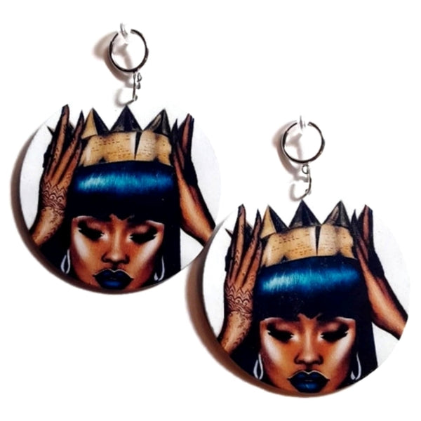 Black Queen Gold Crown Statement Dangle Wood Clip On Earrings