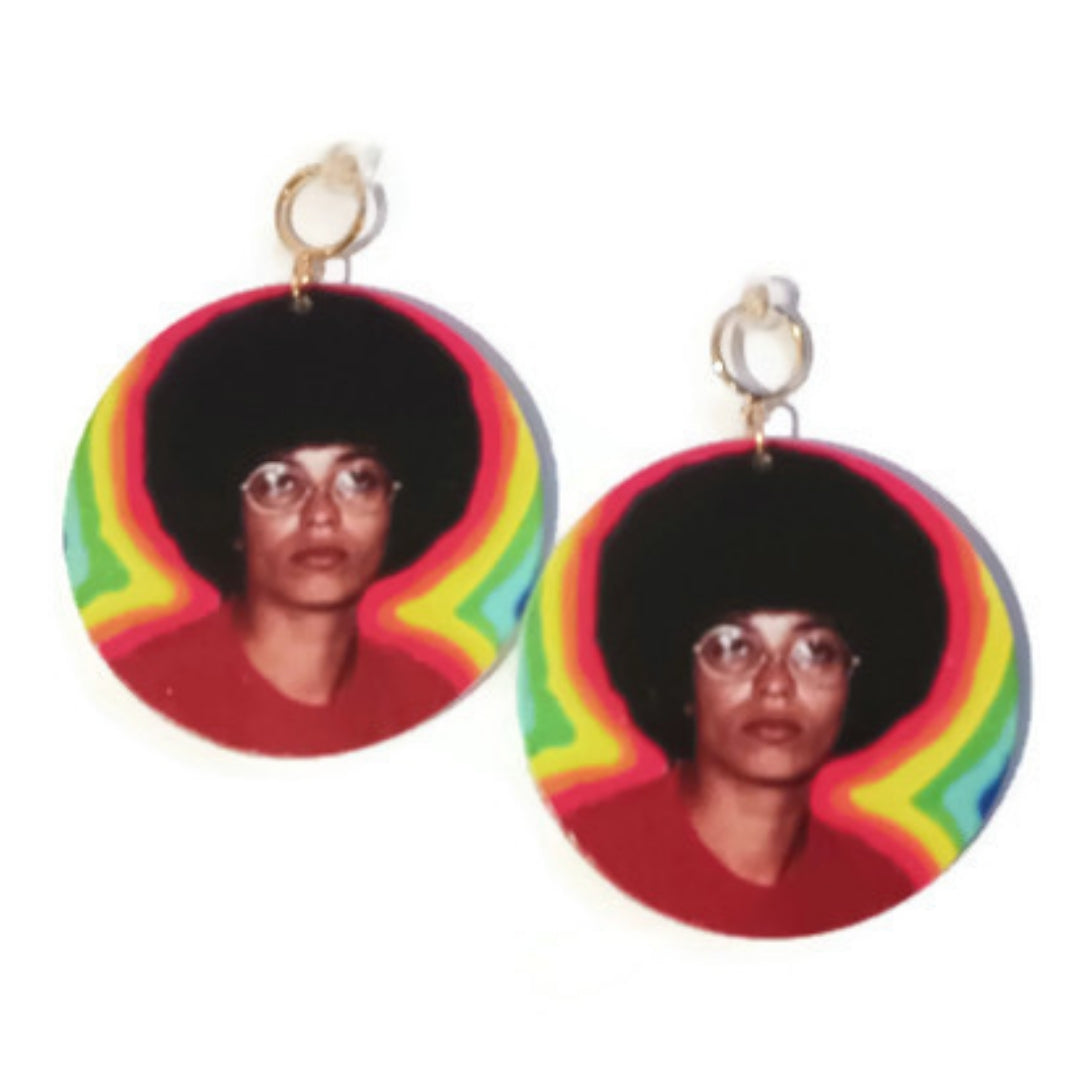 Angela Davis Afro in Colors Statement Dangle Wood Clip On Earrings
