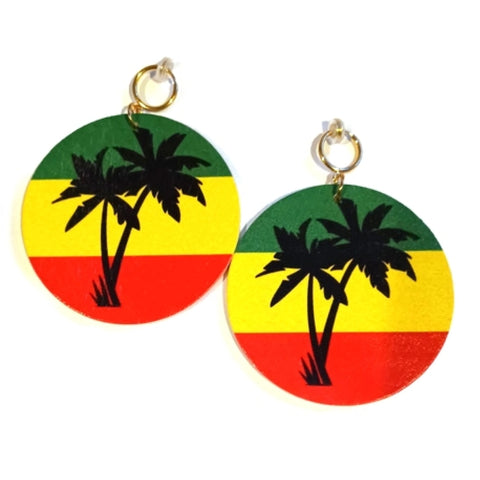Palm Trees Black Green Yellow Red Statement Dangle Wood Clip On Earrings