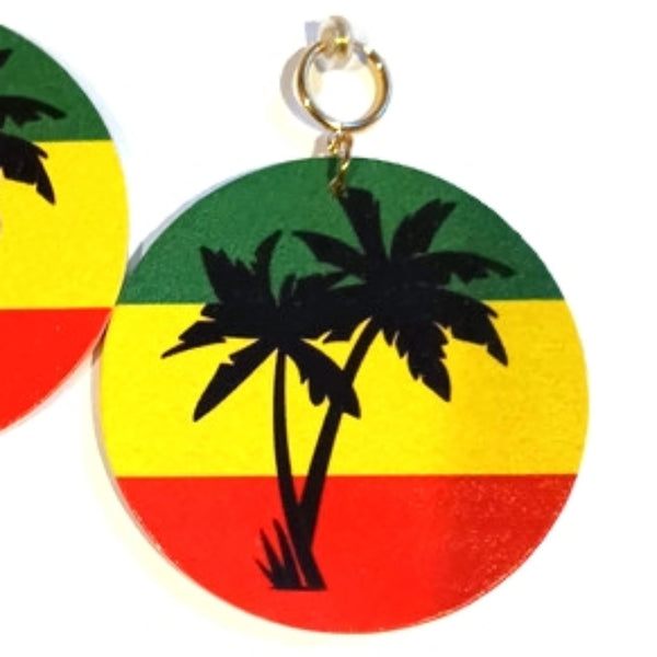 Palm Trees Black Green Yellow Red Statement Dangle Wood Clip On Earrings