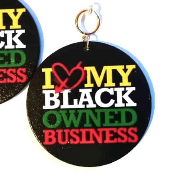 I Love My Black Owned Business Statement Dangle Wood Clip On Earrings