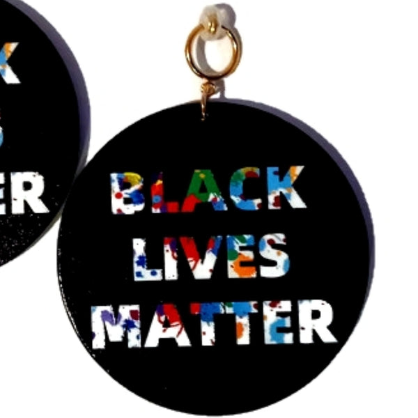 BLACK LIVES MATTER In Paint Statement Dangle Wood Clip On Earrings