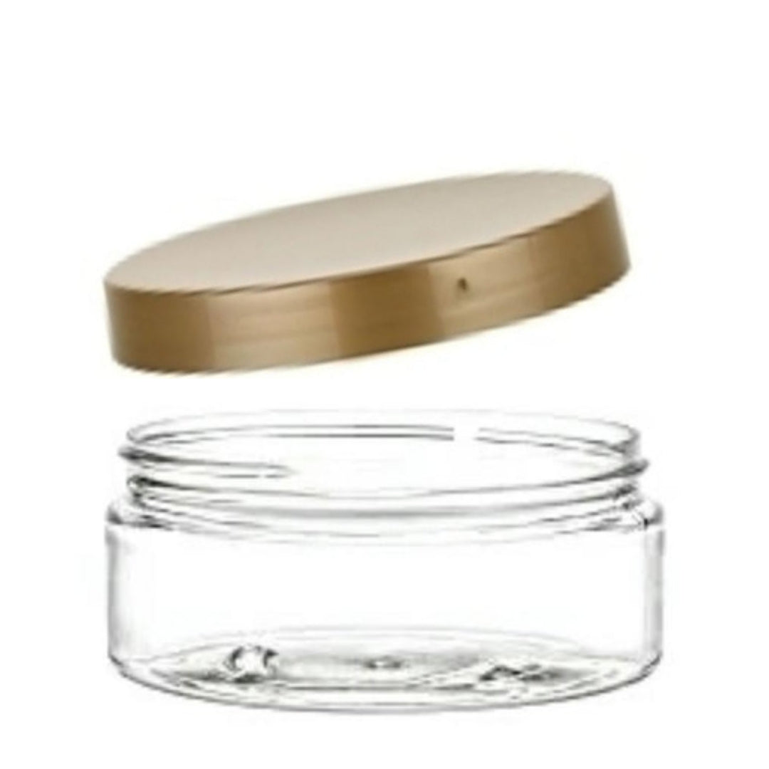 8oz Clear PET Low Profile Plastic Jars with 89/400 Gold Unlined Jar Caps