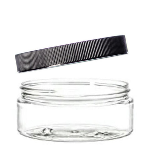8oz Clear PET Low Profile Plastic Jars with 89/400 Black Silver Lined Jar Caps