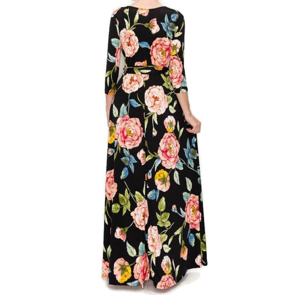 Black and Blush Floral Faux Wrap Maxi Dress