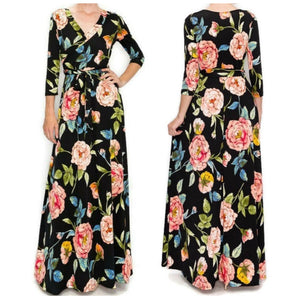 Black and Blush Floral Faux Wrap Maxi Dress