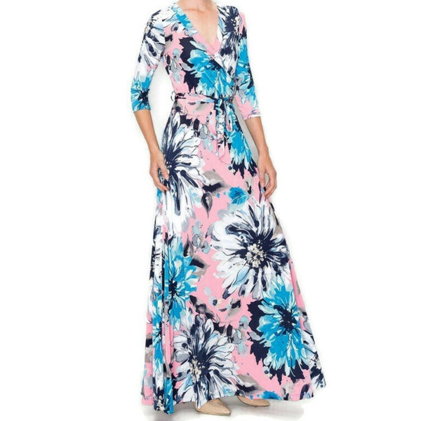 Pink and Blue Blossom Floral Faux Wrap Maxi Dress