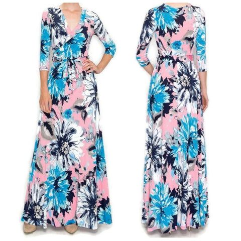 Pink and Blue Blossom Floral Faux Wrap Maxi Dress
