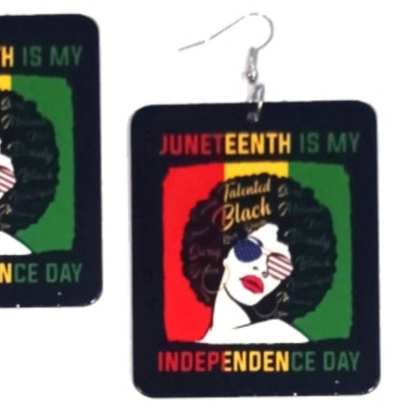 Afro Queen Independence Day Since 1865 Rectangle Statement Dangle Wood Earrings
